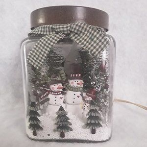 Light Up Primitive Style Snowman Family In Glass Jar